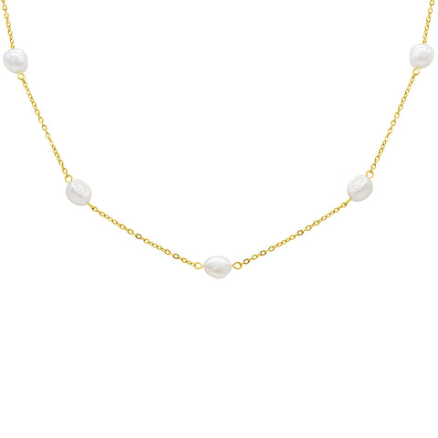Tarnish Resistant 14k Gold Plated Adjustable Station Freshwater Pearl Necklace