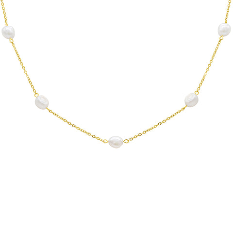 Tarnish Resistant 14K Gold Plated Adjustable Station Freshwater Pearl Necklace