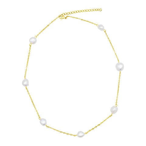 Tarnish Resistant 14k Gold Plated Adjustable Station Freshwater Pearl Necklace
