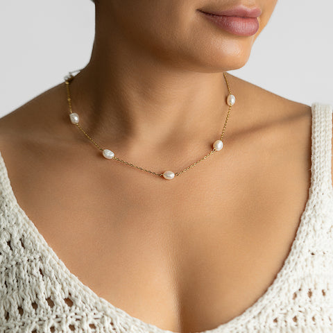 Tarnish Resistant 14k Gold Plated Adjustable Station Freshwater Pearl Necklace
