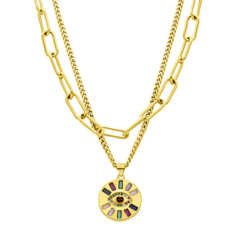 14K Gold Plated Adjustable Evil Eye Multi Color Layered Double Necklace