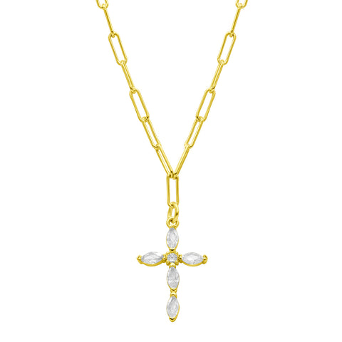 14k Gold Plated Paperclip Cubic Zirconia Cross Necklace