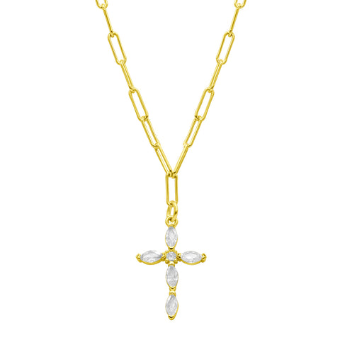 14K Gold Plated Paperclip Cubic Zirconia Cross Necklace