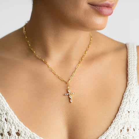 14K Gold Plated Paperclip Cubic Zirconia Cross Necklace