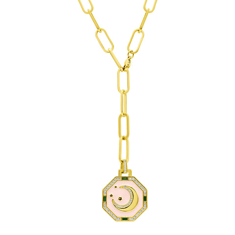 14K Gold Plated Adjustable Paperclip Moon Tablet Octagon Necklace