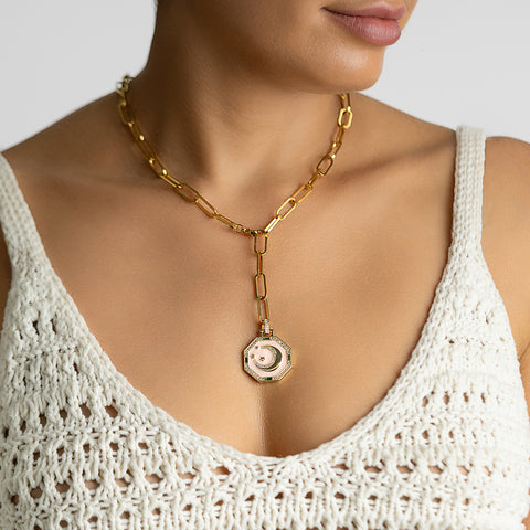 14k Gold Plated Adjustable Paperclip Moon Tablet Octagon Necklace