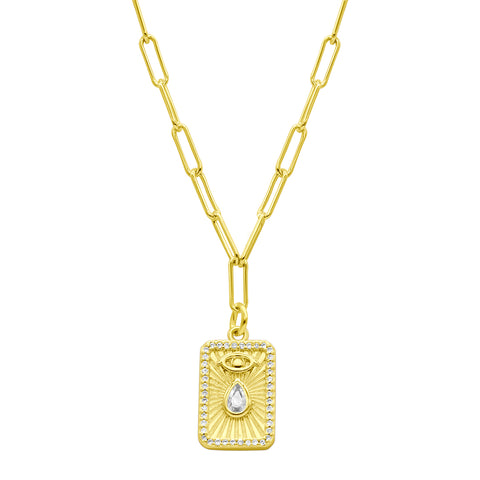 14K Gold Plated Paperclip Evil Eye Tablet Necklace