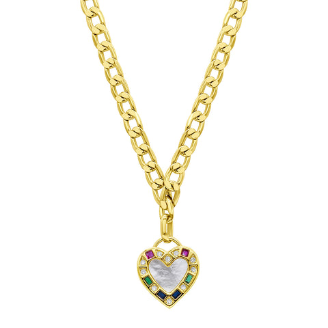 14K Gold Plated Figaro Chain Mother-of-Pearl Heart Necklace