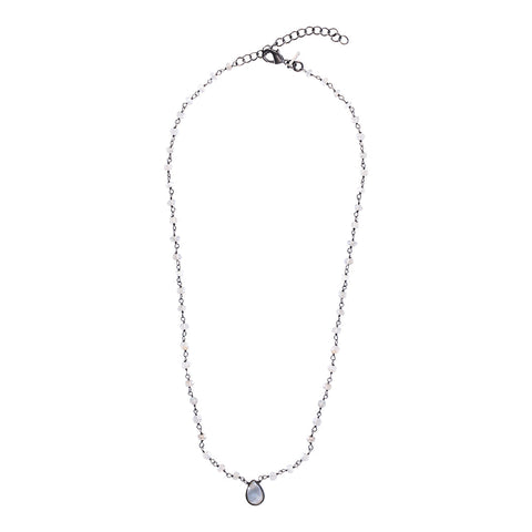 Labradorite Rosary with Pear Center Stone Necklace black rhodium .925 sterling silver