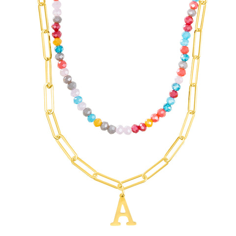 14k Gold Plated Adjustable Layered Color Beads and Paperclip Chain Initial Necklace Set