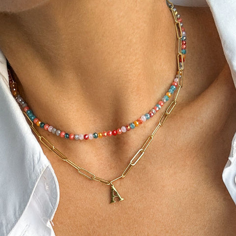 14k Gold Plated Adjustable Layered Color Beads and Paperclip Chain Initial Necklace Set