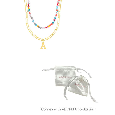 14k Gold Plated Adjustable Layered Color Beads and Paperclip Chain Initial Necklace Set
