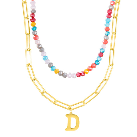14k Gold Plated Adjustable Layered Color Beads and Paperclip Chain Initial Necklace Set