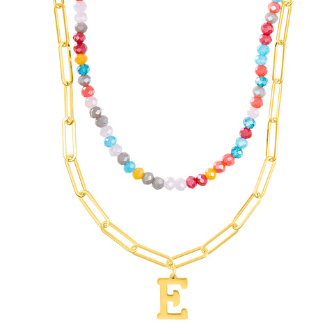 14k Gold Plated Adjustable Layered Color Beads and Paperclip Chain Initial Necklace Set