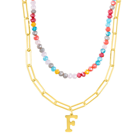 14k Gold Plated Adjustable Layered Color Beads and Paperclip Chain Initial Necklace Set