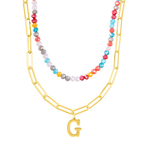 14k Gold Plated Adjustable Layered Color Beads and Paperclip Chain Initial Necklace Set