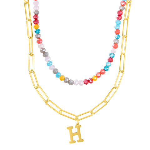 14k Gold Plated Adjustable Layered Color Beads and Paperclip Chain Initial Necklace Set