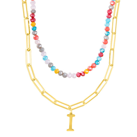 14k Gold Plated Adjustable Layered Color Beads and Paperclip Chain Initial Necklace Set