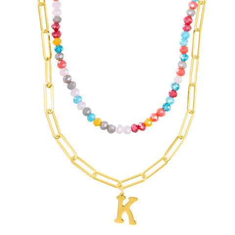 14k Gold Plated Adjustable Layered Color Beads and Paperclip Chain Initial Necklace Set