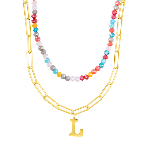 14k Gold Plated Adjustable Layered Color Beads and Paperclip Chain Initial Necklace Set
