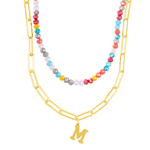 14k Gold Plated Adjustable Layered Color Beads and Paperclip Chain Initial Necklace Set