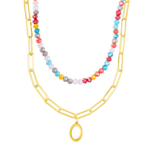 14k Gold Plated Adjustable Layered Color Beads and Paperclip Chain Initial Necklace Set
