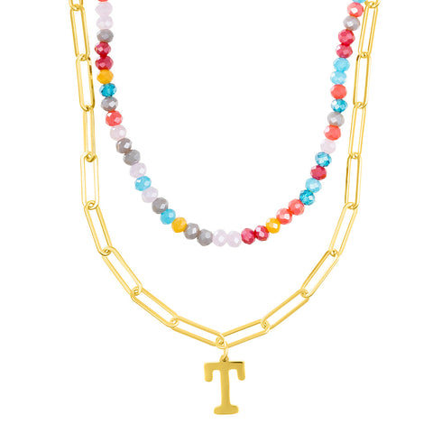 14k Gold Plated Adjustable Layered Color Beads and Paperclip Chain Initial Necklace Set