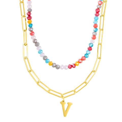 14k Gold Plated Adjustable Layered Color Beads and Paperclip Chain Initial Necklace Set