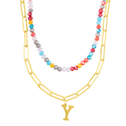 14k Gold Plated Adjustable Layered Color Beads and Paperclip Chain Initial Necklace Set