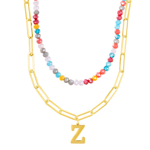 14k Gold Plated Adjustable Layered Color Beads and Paperclip Chain Initial Necklace Set