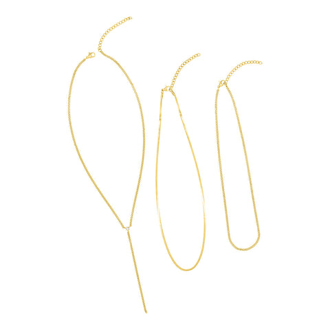 Tarnish Resistant 14k Gold Plated Adjustable Curb Chain and Herringbone Lariat Y-Necklace Set