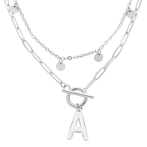 Tarnish Resistant 14k Gold Plated Confetti And Paperclip Layered Initial Toggle Necklace