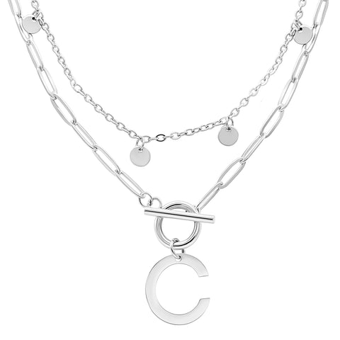 Tarnish Resistant 14k Gold Plated Confetti And Paperclip Layered Initial Toggle Necklace
