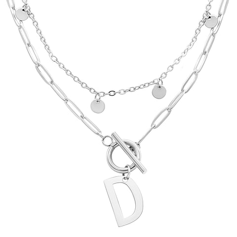 Tarnish Resistant 14k Gold Plated Confetti And Paperclip Layered Initial Toggle Necklace