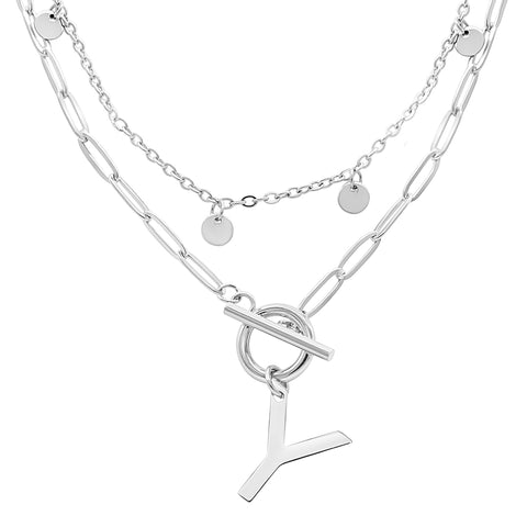 Tarnish Resistant 14k Gold Plated Confetti And Paperclip Layered Initial Toggle Necklace