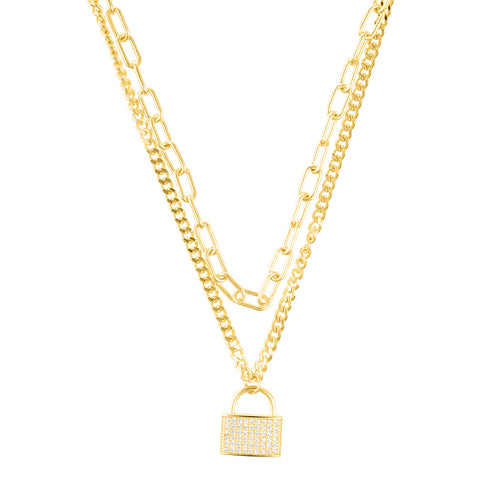 Adjustable Layered Chain Crystal Lock Necklace Set