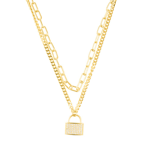 Adjustable Layered Chain Crystal Lock Necklace Set