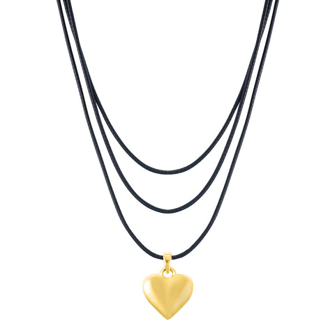 14k Gold Plated Adjustable Puffy Heart with Black Chord Bolo Necklace Set