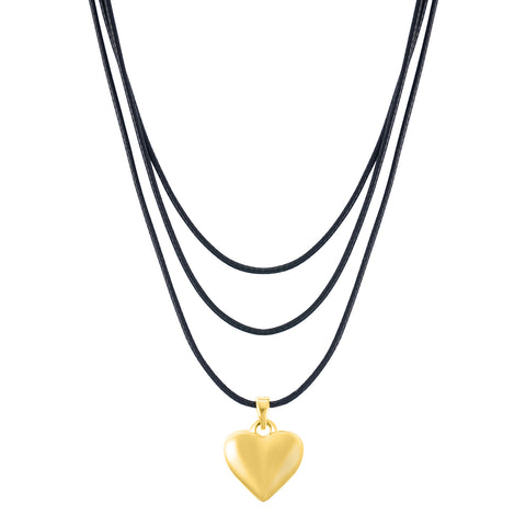 14k Gold Plated Adjustable Puffy Heart with Black Chord Bolo Necklace Set