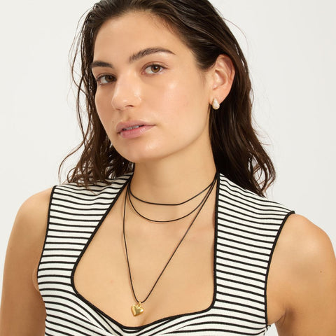14k Gold Plated Adjustable Puffy Heart with Black Chord Bolo Necklace Set