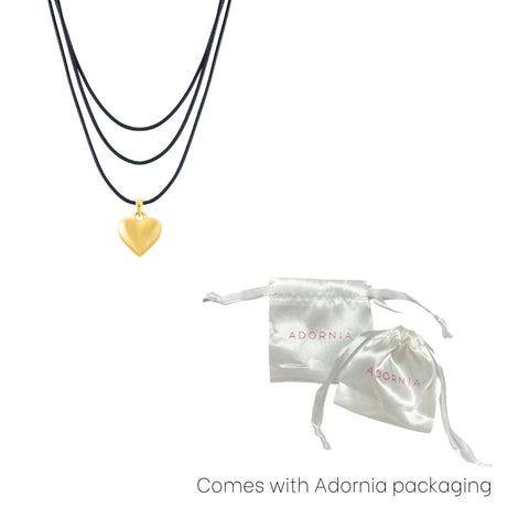 14k Gold Plated Adjustable Puffy Heart with Black Chord Bolo Necklace Set