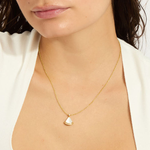 14k Yellow Gold Plated Mother of Pearl CZ Leaf Pendant Necklace