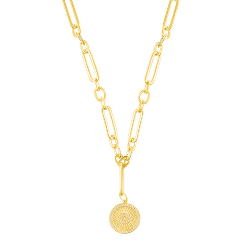 14k Gold Plated CZ Evil Eye Mixed Link Y-Necklace