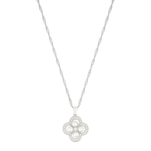 Silver Plated Pearl-Studded Clover Necklace