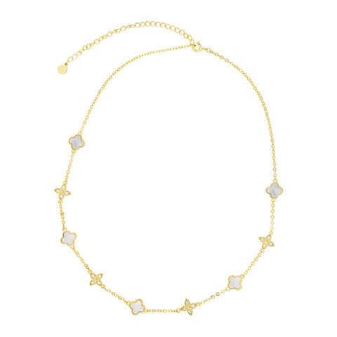14k Gold Plated Mixed Mother of Pearl and CZ Clover Station Necklace