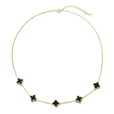 14k Gold Plated Black Floral Station Necklace