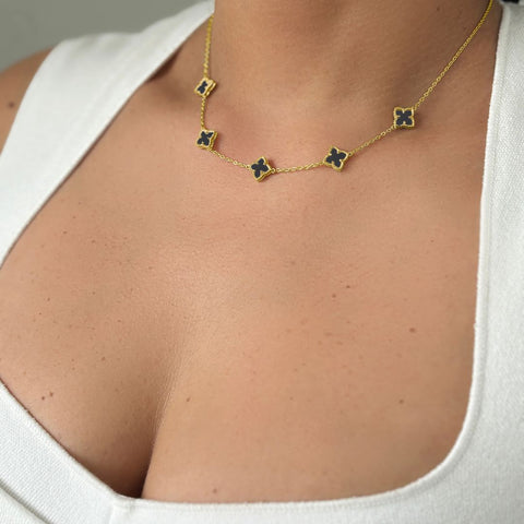 14k Gold Plated Black Floral Station Necklace