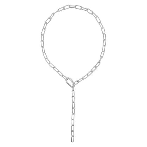 Paper Clip Chain Lariat Necklace with Crystal Adjustable Lock