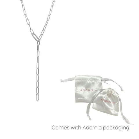 Paper Clip Chain Lariat Necklace with Crystal Adjustable Lock