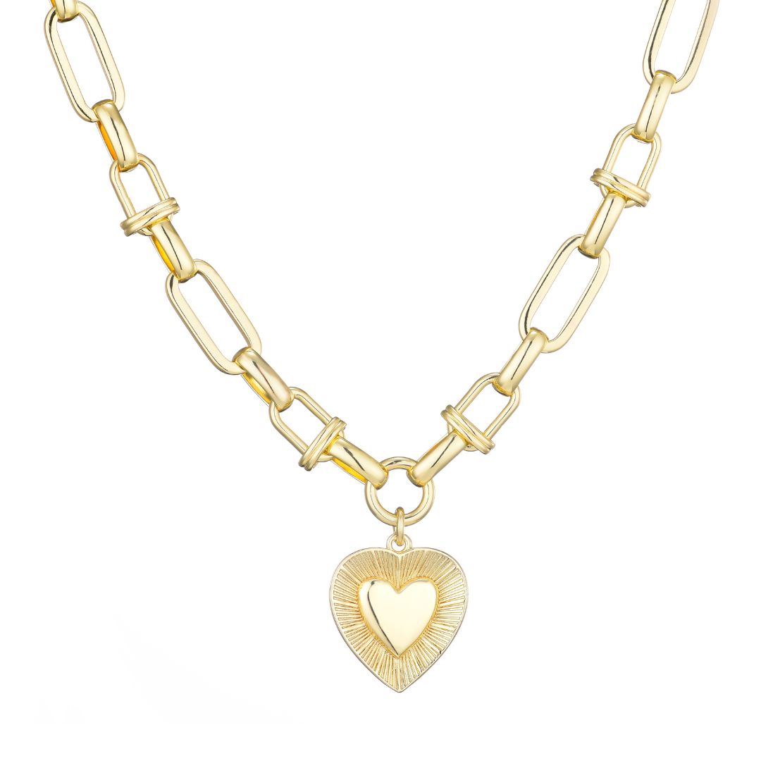 14k Yellow Gold Plated Chunky Mixed Link Chain Fluted Heart